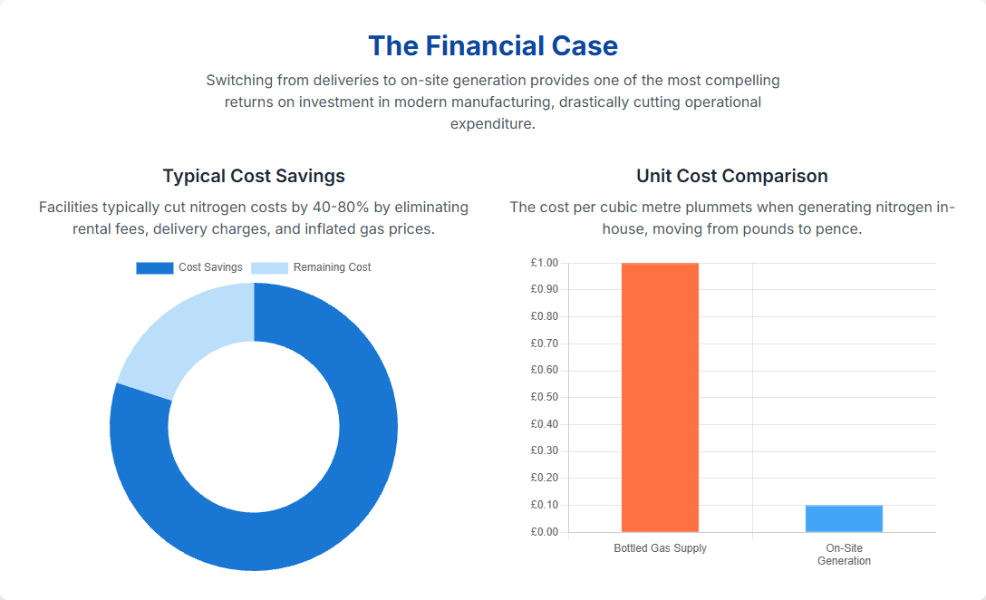 Comparison chart showing typical cost savings and unit cost reduction from bottled gas to on-site nitrogen generation.