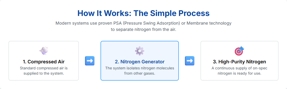 Step-by-step diagram showing compressed air entering a nitrogen generator and producing high-purity nitrogen output.