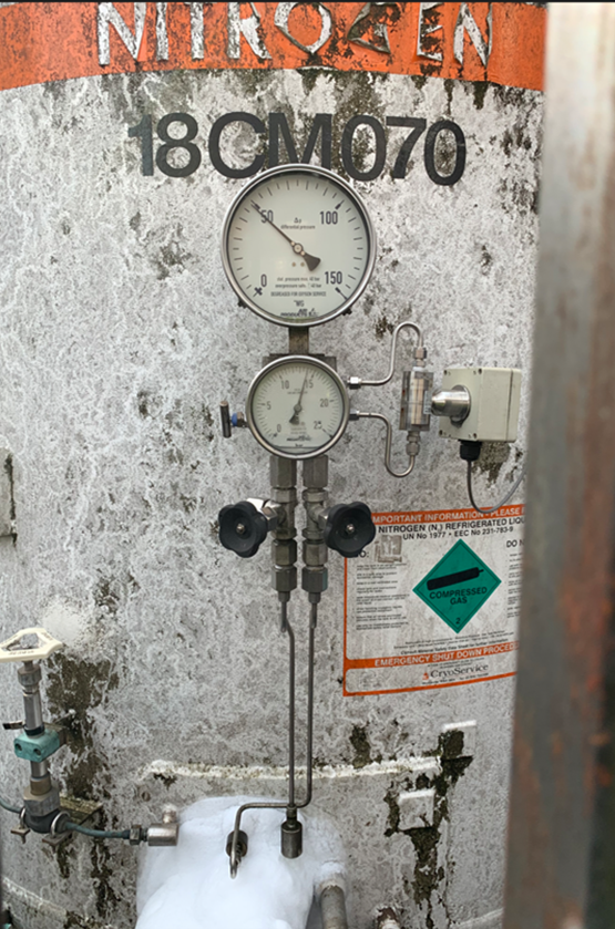 Large outdoor bulk liquid nitrogen storage tank previously used at Joseph Holt Brewery before on-site generation was installed