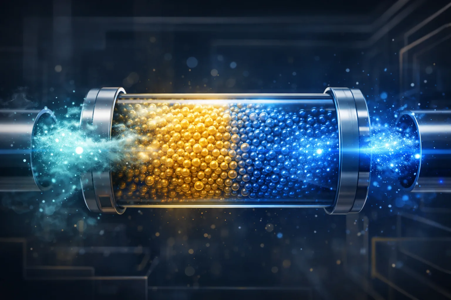 Conceptual view of a desiccant dryer cartridge with beads inside a transparent chamber, showing airflow passing through the media to remove water vapour, illustrating adsorption drying for low pressure dew point targets.