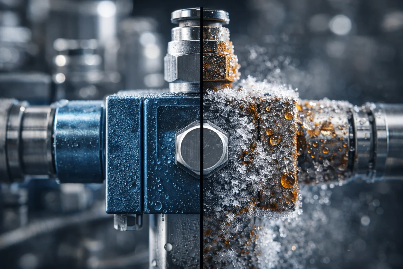 Close-up of a pneumatic valve and pipe fitting shown in contrasting conditions, with moisture and frost on one side and corrosion with water droplets on the other, illustrating how wet compressed air can lead to freezing and rust-related failures.