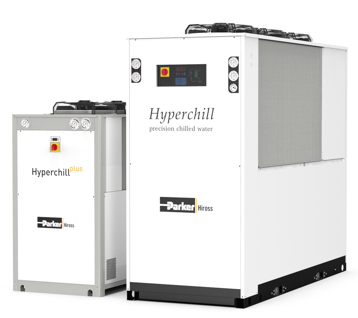 Parker Hyperchill Plus and Hyperchill precision process water chillers side by side showing the full size range